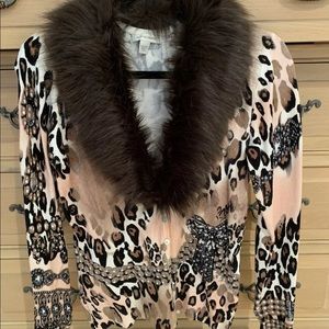 Boston Proper Leopard/Pearl Faux Fur Cardigan